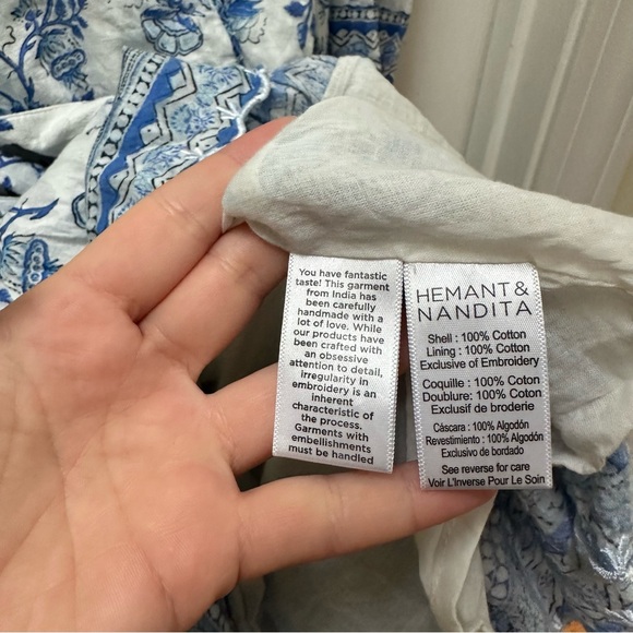 HEMANT & NANDITA V Neck Floral Print Mini Dress Blue White m medium flare tie - Picture 9 of 10